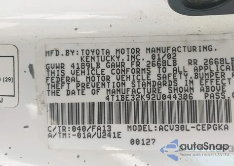 2002 Toyota Camry Xle из США, поврежденный, VIN 4T1BE32K92U044306